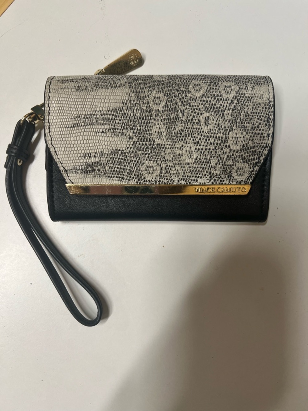 Vince Camuto Black Wristlet with White Snake-Print Flap